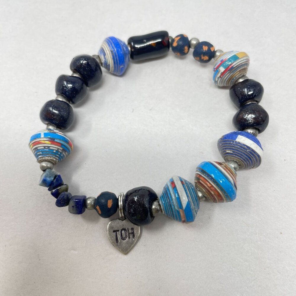 Mixed Media Glass Beads Stretch‎ Bracelet Funky Boho Eclectic Artsy Marked Blue